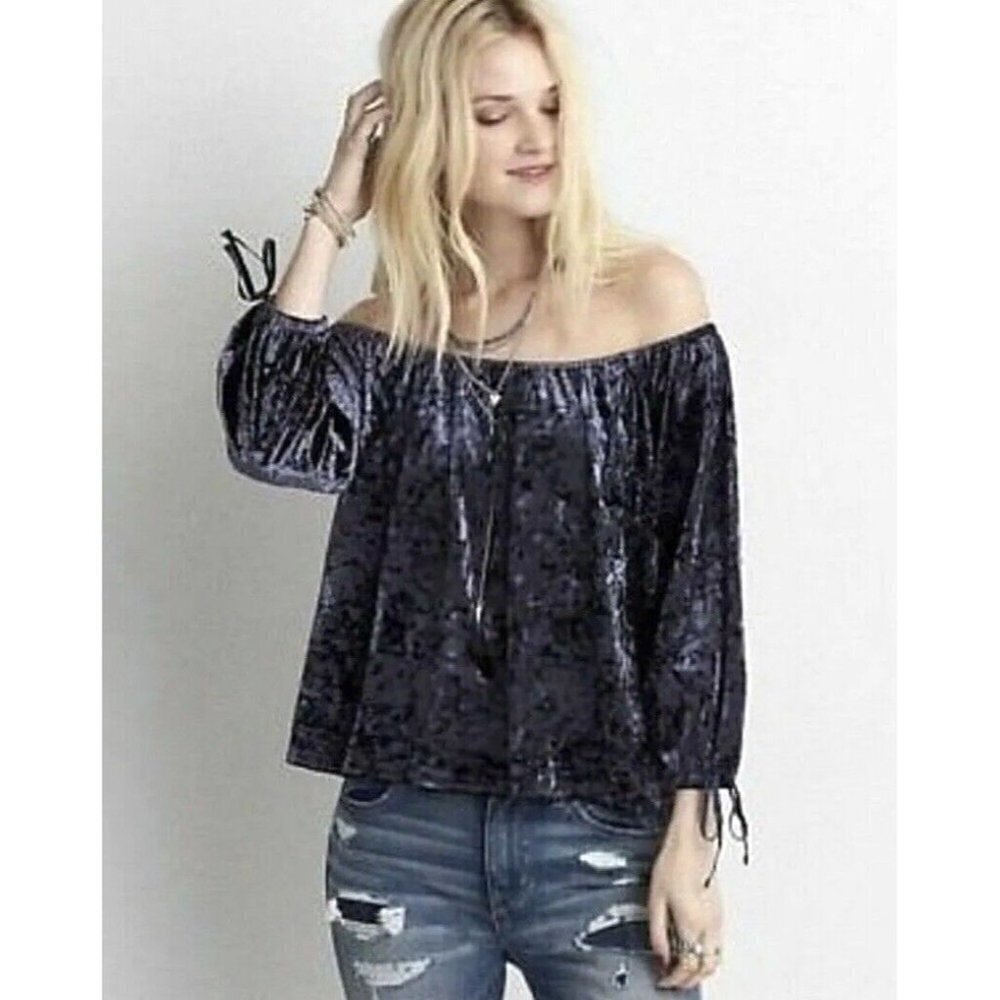 American Eagle Outfitters Blouse Women Small Velour Velvet Blue Peasant Boho Top